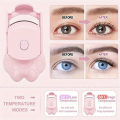 Pink cat paw heated eyelash curler displayed with before and after lash curl comparisons and two temperature mode details