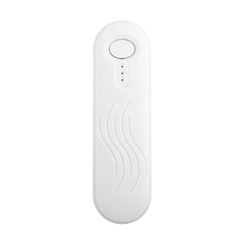 White oval mini bag heat sealer with a top button, three indicator dots, and wavy texture, on a plain white background