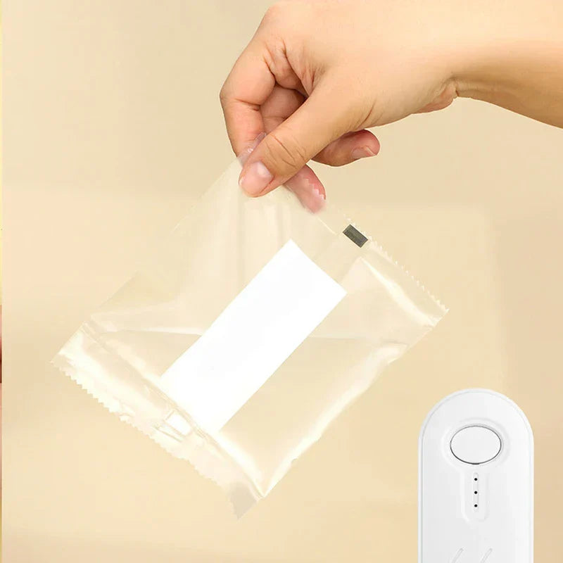 A hand holding a sealed clear plastic bag, with a white mini bag heat sealer visible in the bottom right corner