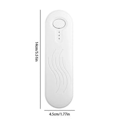 White mini bag heat sealer with top button, 3 indicator lights, and curved grip lines, with 14cm x 4.5cm dimension labels on plain white background