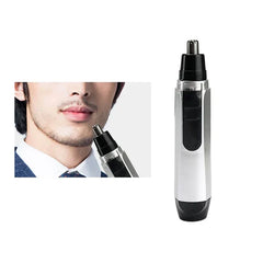 Silver and black nose ear hair trimmer shown next to a close-up of a person holding the device near their face