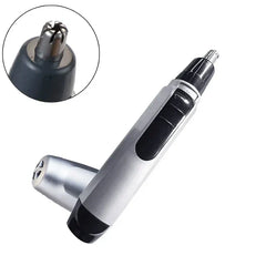 Angled silver and black nose ear hair trimmer with cap beside it, and a circular close-up of the trimmer's metal tip