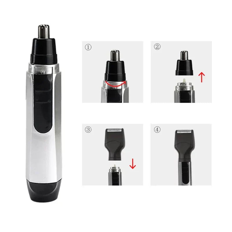 Nose ear hair trimmer and four-step visual guide showing how to remove and attach a different trimmer head