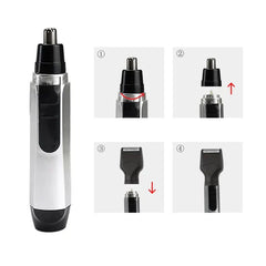 Nose ear hair trimmer and four-step visual guide showing how to remove and attach a different trimmer head