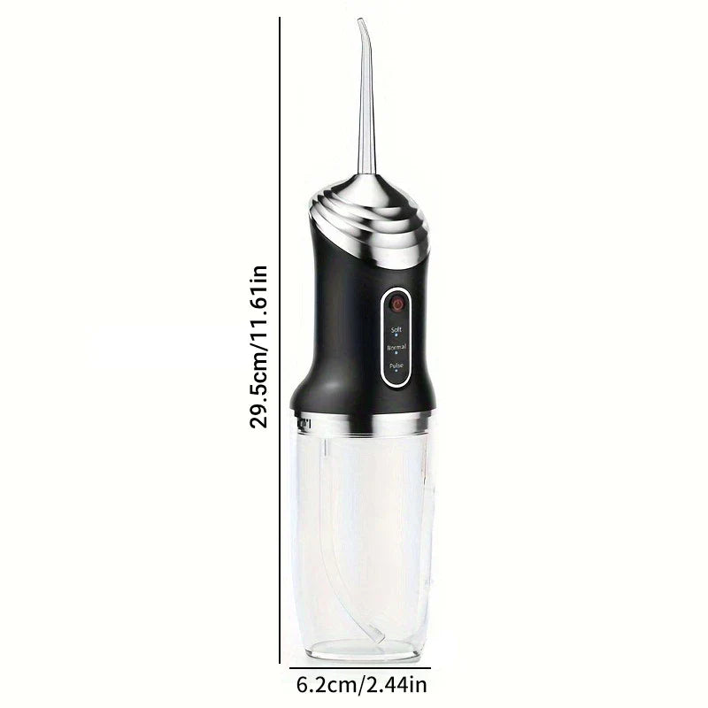 Black water irrigator with clear tank, labeled with 29.5cm/11.61in height and 6.2cm/2.44in width