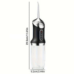 Black water irrigator with clear tank, labeled with 29.5cm/11.61in height and 6.2cm/2.44in width