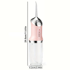 Pink portable water irrigator with 29.5cm/11.61in height and 6.2cm/2.44in base width, displayed with control panel and clear water tank