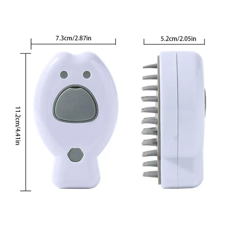 Peine de masaje para cuero cabelludo con forma de dibujo animado en blanco, vistas frontal y lateral, con dimensiones de 11,2 cm x 7,3 cm etiquetadas