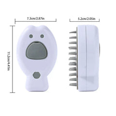 Peine de masaje para cuero cabelludo con forma de dibujo animado en blanco, vistas frontal y lateral, con dimensiones de 11,2 cm x 7,3 cm etiquetadas