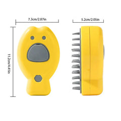 Peine de masaje para cuero cabelludo con forma de dibujo animado en amarillo, vistas frontal y lateral, con dimensiones de 11,2 cm x 7,3 cm etiquetadas