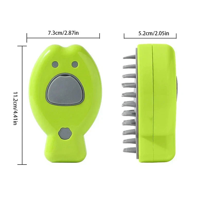 Peine de masaje para cuero cabelludo con forma de dibujo animado en verde lima, vistas frontal y lateral, con dimensiones de 11,2 cm x 7,3 cm etiquetadas