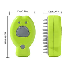 Peine de masaje para cuero cabelludo con forma de dibujo animado en verde lima, vistas frontal y lateral, con dimensiones de 11,2 cm x 7,3 cm etiquetadas