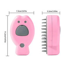 Peine de masaje para cuero cabelludo con forma de pez en rosa, mostrado de frente y de lado con medidas de largo, ancho y profundidad