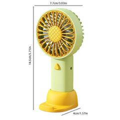 Green and yellow handheld travel fan with base, shown with height, width, and base size dimensions