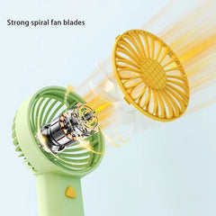 ventilador de viaje - Vista en explosión de un ventilador de viaje verde y amarillo, mostrando su motor interno y aspas en espiral
