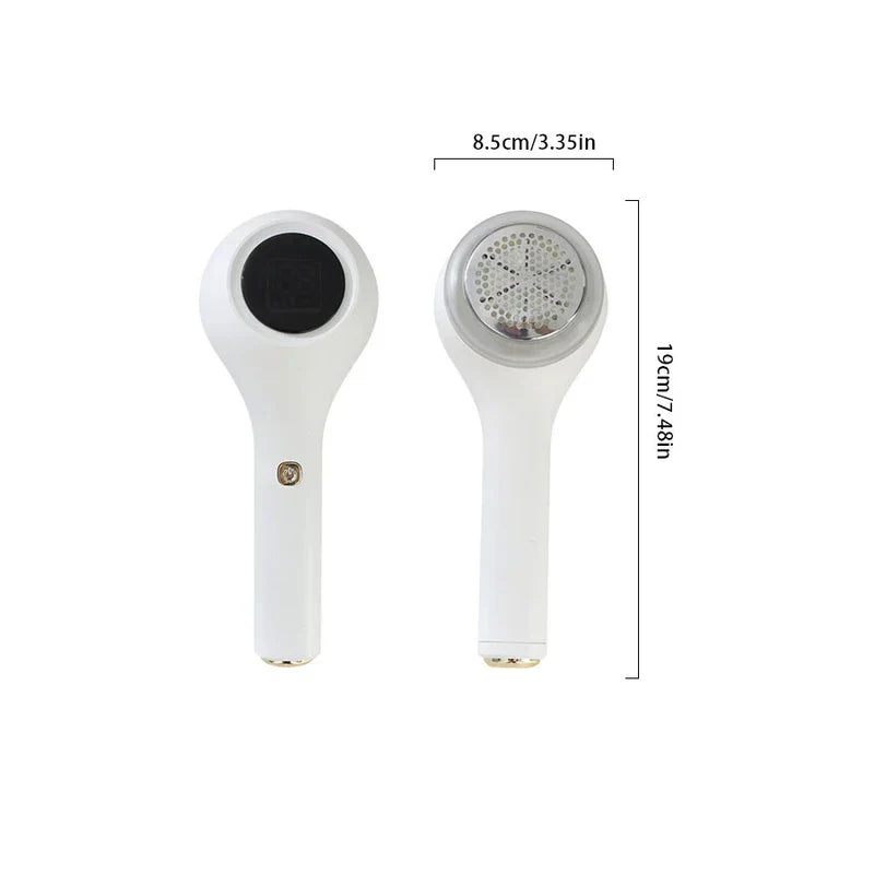 Afeitadora eléctrica de pelusas blanca con dimensiones de 19 cm x 8,5 cm mostrada por delante y por detrás
