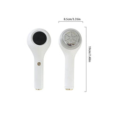 Afeitadora eléctrica de pelusas blanca con dimensiones de 19 cm x 8,5 cm mostrada por delante y por detrás