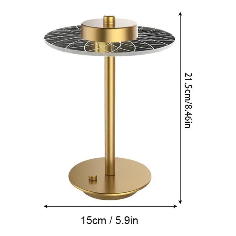 Lámpara de mesa de disco dorada y negra con etiquetas de medidas, diseño de bombillas led, 21,5 cm de alto y 15 cm de ancho