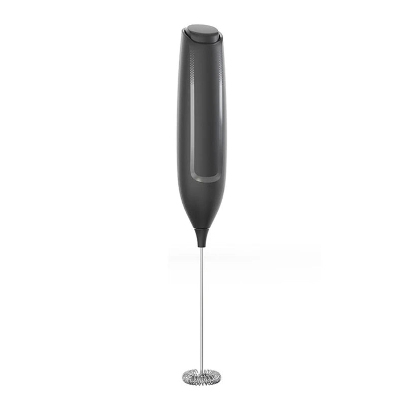 Handheld electric drink whisk with dark handle, thin metal stem, and coiled mixing head on white background