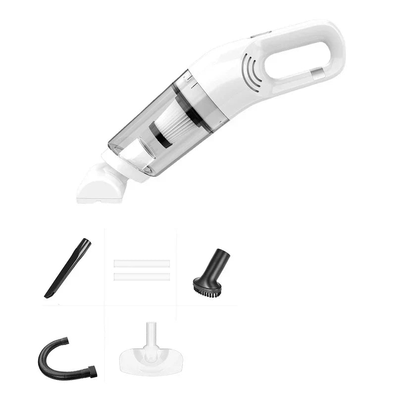 White handheld vacuum displayed with multiple attachment accessories on a white background