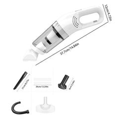 White handheld vacuum shown with assorted attachment accessories and size dimension labels