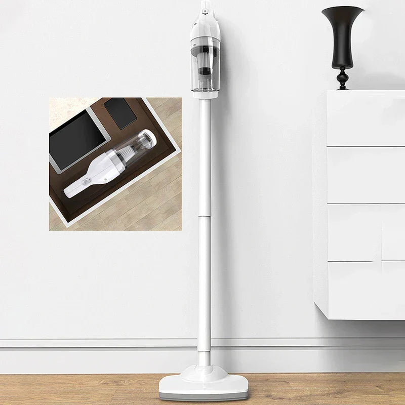 White handheld vacuum assembled as stick vacuum standing by wall, with inset of unassembled handheld vacuum unit
