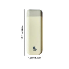 Closed beige weekly pill organizer with dimensions labeled, front view on white background
