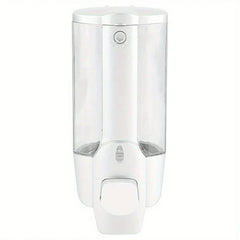 White and clear wall-mounted foam pump dispenser bottle with front push button on white background