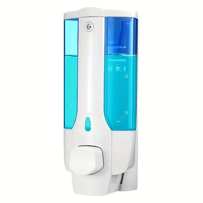 White and blue wall-mounted foam pump dispenser bottle holding blue liquid, on plain white background