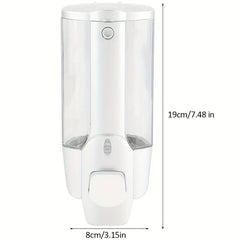 White plastic foam pump dispenser bottle with clear side chambers, marked 19cm tall and 8cm wide.