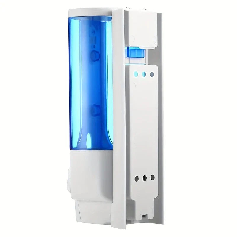 Side view of a foam pump dispenser bottle with blue liquid inside, showing its white wall mounting back plate with screw holes.
