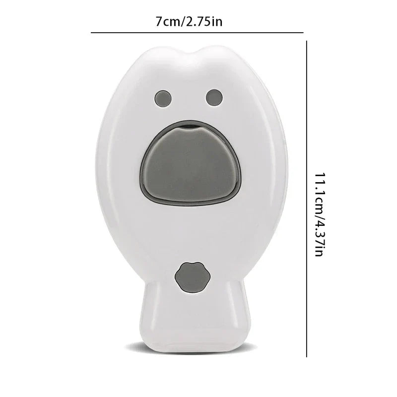 Front view of white fish-shaped cleaning brush with gray accents and size dimensions