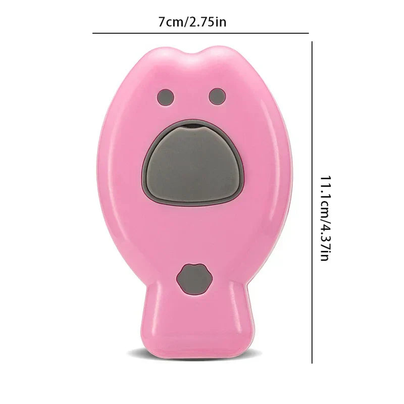 Front view of pink fish-shaped cleaning brush with gray accents and size dimensions