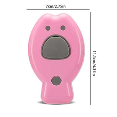 Front view of pink fish-shaped cleaning brush with gray accents and size dimensions