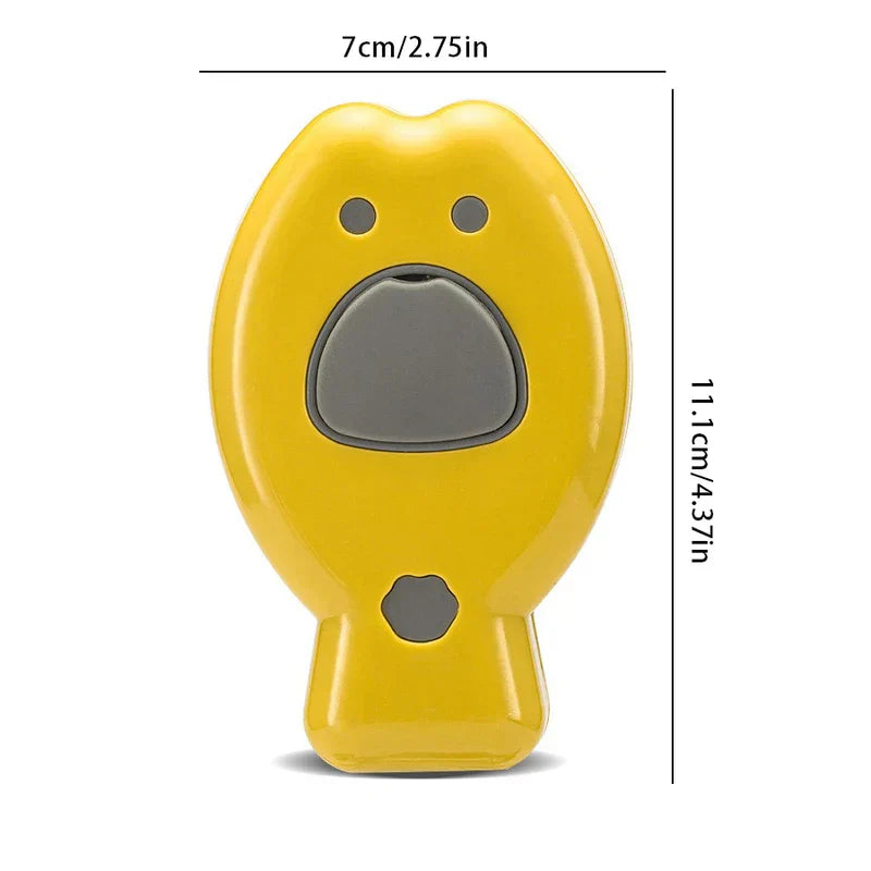 Front view of yellow fish-shaped cleaning brush with gray accents and size dimensions