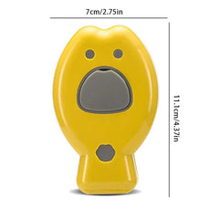 Front view of yellow fish-shaped cleaning brush with gray accents and size dimensions