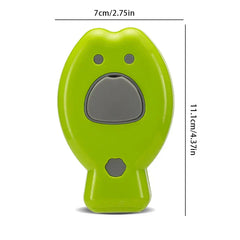 Steamed bun-shaped green cleaning brush with gray details, size labelled 7cm wide and 11.1cm tall