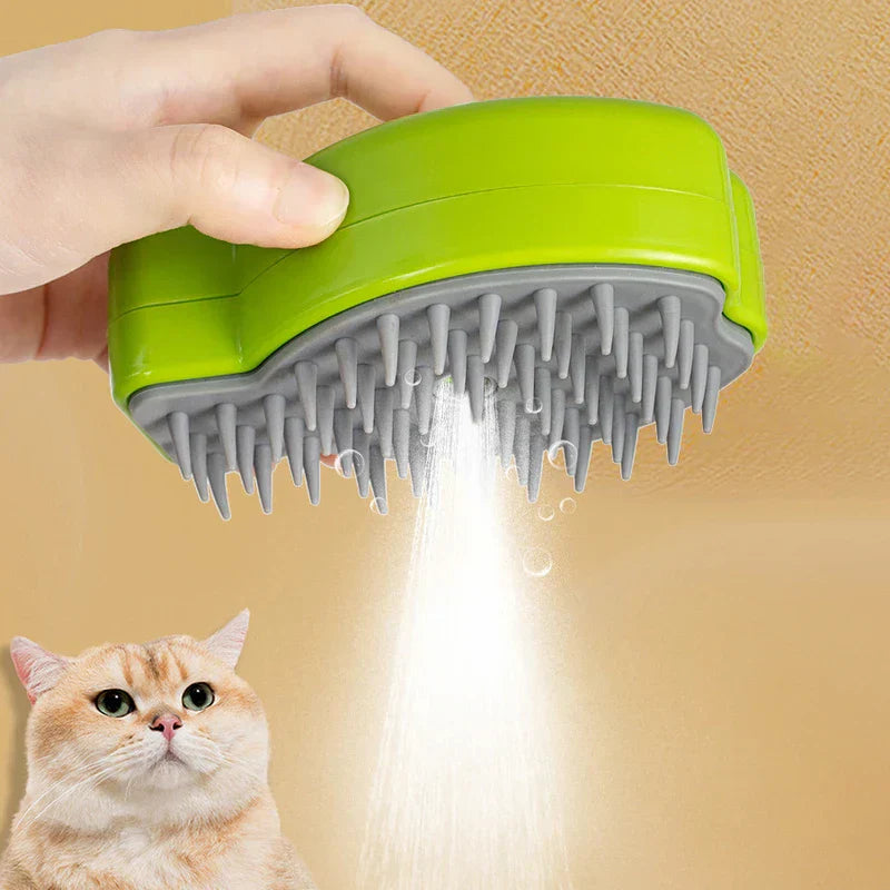 Hand hält eine grüne Reinigungsbürste, die Wasser sprüht, mit einer getigerten Katze darunter