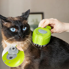 Hand using green pet cleaning brush on a Siamese cat, with inset showing the brush's refill opening
