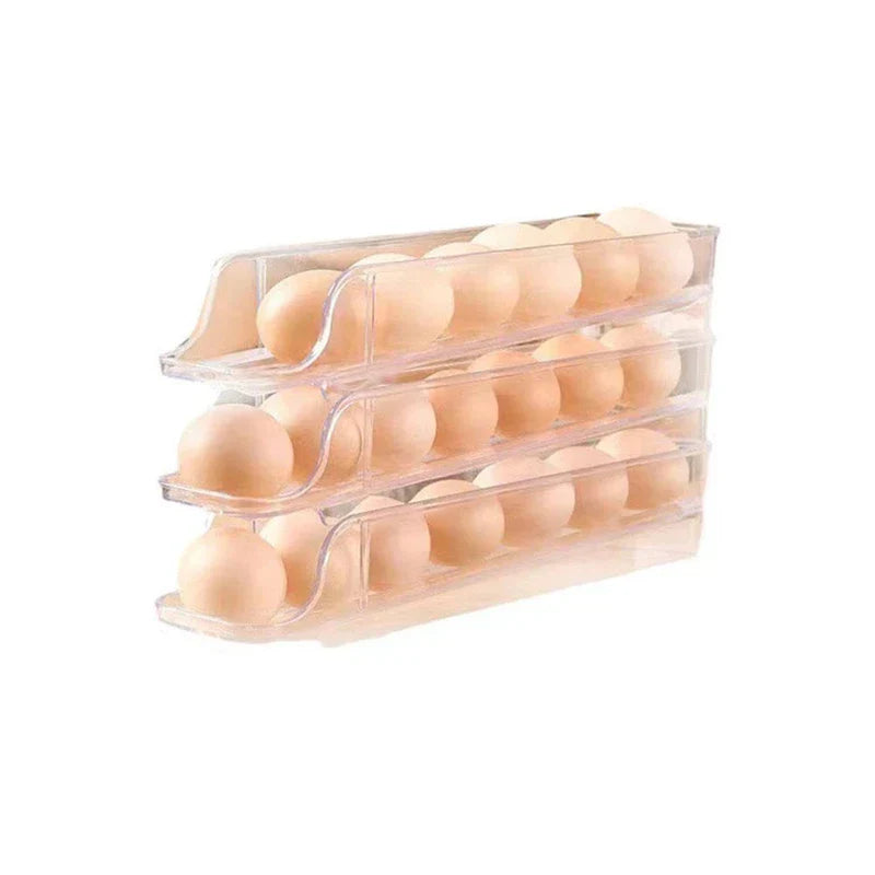 Refrigerator egg holder storage tray with eggs on a counter
