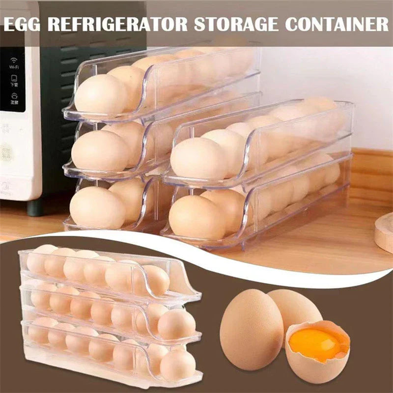 Close-up of refrigerator egg holder with eggs in slots