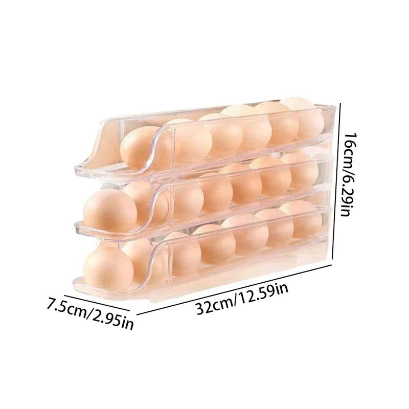 Clear stacked refrigerator egg holder with eggs, showing 7.5cm, 32cm, 16cm dimension labels on white background.