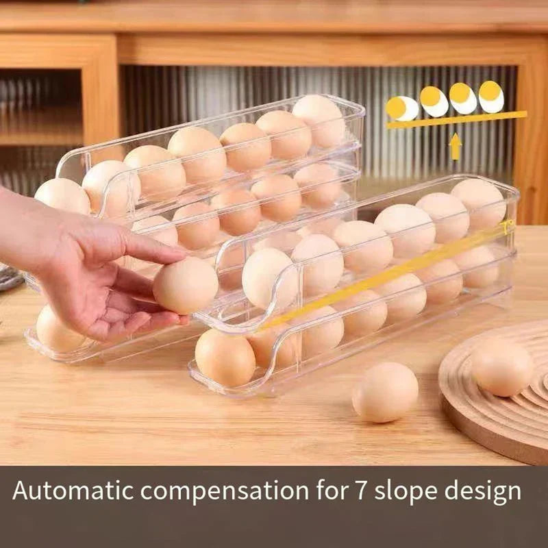 A hand takes an egg from a clear refrigerator egg holder on a wooden table, with sloped egg row design illustration.