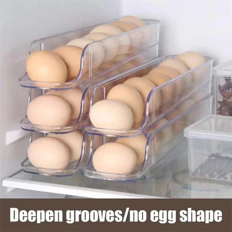 Refrigerator Egg Holder - Stacked clear refrigerator egg holders filled with eggs, placed inside a refrigerator shelf alongside other storage containers.