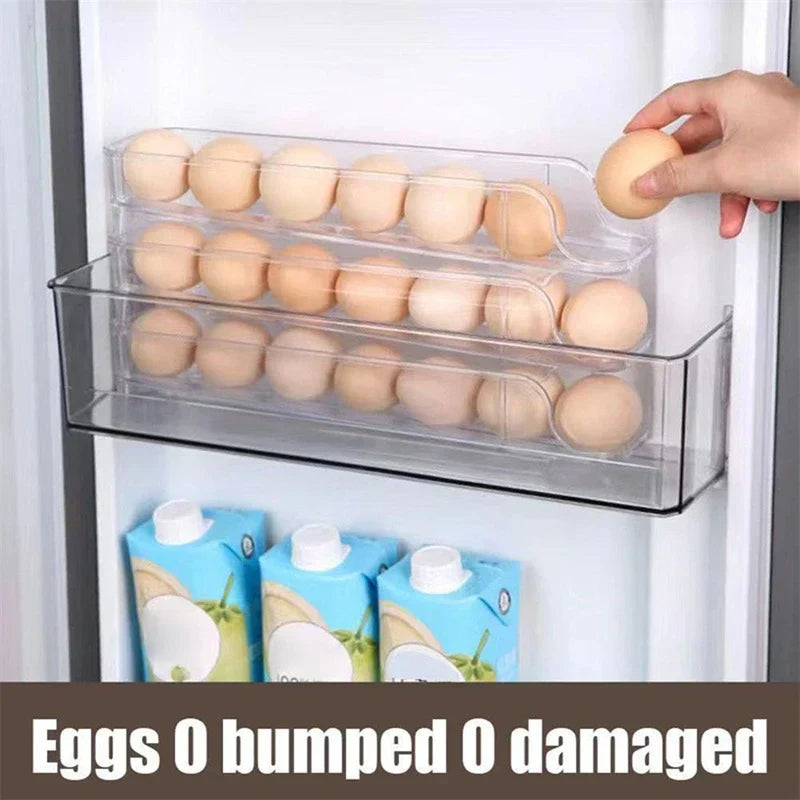 Hand placing an egg into a clear stacked refrigerator egg holder mounted inside a fridge door shelf above coconut beverage cartons