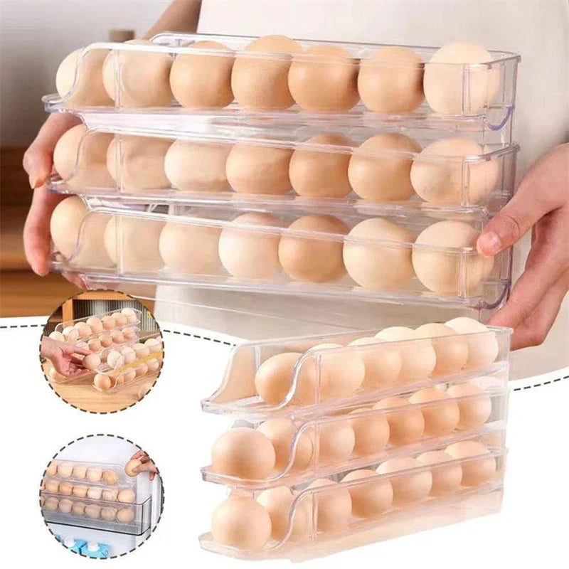 Refrigerator Egg Holder - Person holding three stacked clear refrigerator egg holders full of eggs, with inset images showing different placement and use