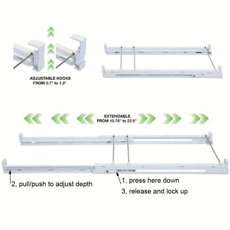 Diagram showing extendable and hook-adjustment features of a refrigerator egg drawer mounting rail with step labels
