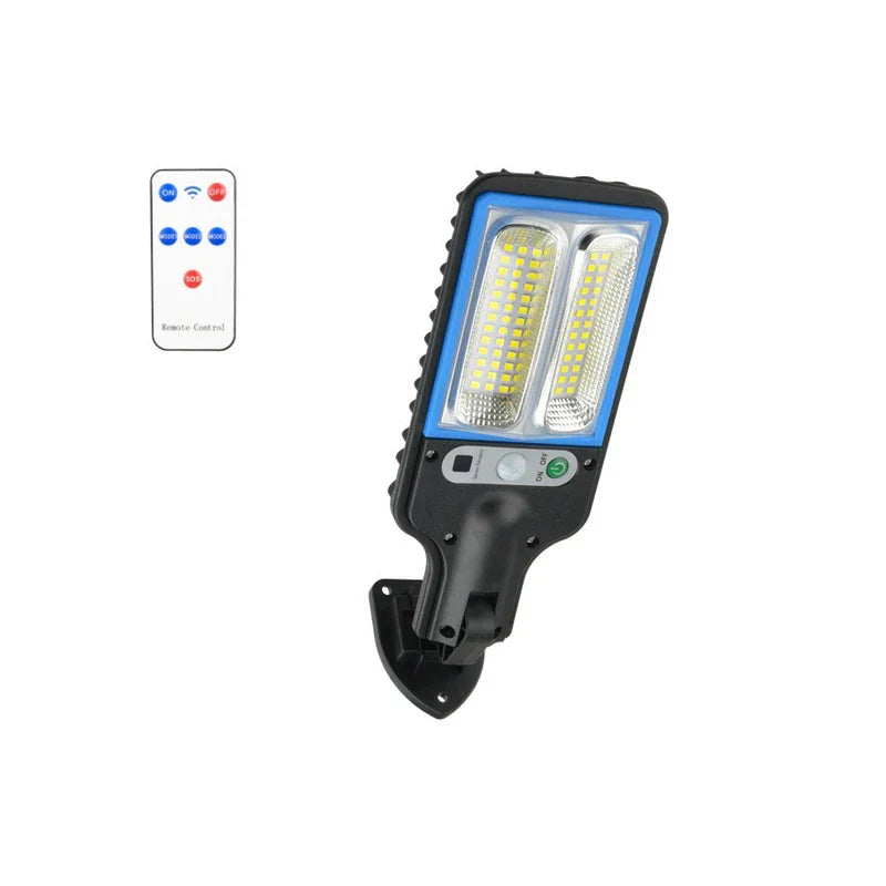 Black and blue LED outdoor security light with remote control, featuring a panel-style light bulb array and mounting bracket