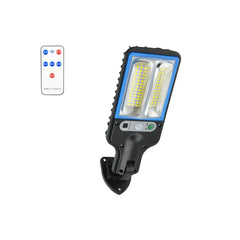 Black and blue LED outdoor security light with remote control, featuring a panel-style light bulb array and mounting bracket