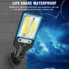 Solar-powered outdoor street light bulb mounted on brick wall, displayed against rain and lightning background